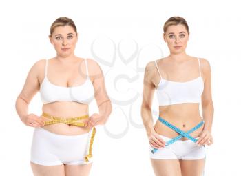 Young woman before and after weight loss on white background�