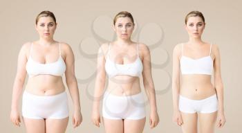 Young woman before and after slimming on color background. Stages of weight loss�