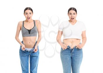 Young woman before and after weight loss on white background�
