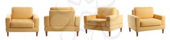 Collage with modern comfortable armchair on white background�