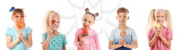 Cute little children with lollipops on white background�