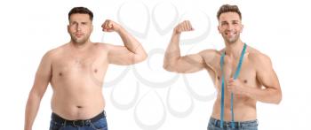 Young man before and after weight loss on white background�