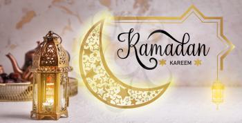 Muslim lamp and text RAMADAN KAREEM on light background�