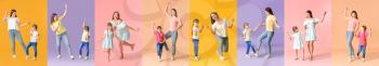 Collage with happy mother and her little daughter dancing against colorful background�