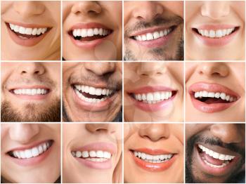 Collage of photos with different smiling people, closeup�