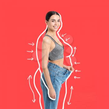Young woman in loose clothes after weight loss on color background�