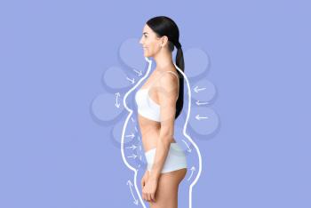 Young woman after weight loss on color background�