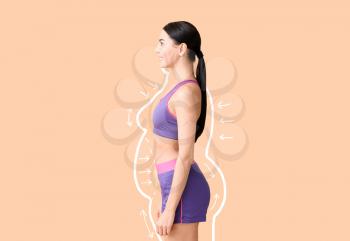 Young woman after weight loss on color background�