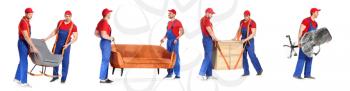 Loaders carrying furniture against white background�
