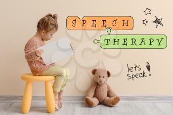 Little girl reading book and text SPEECH THERAPY against color wall�