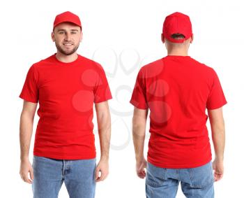 Handsome man in stylish cap on white background. Front and back view�