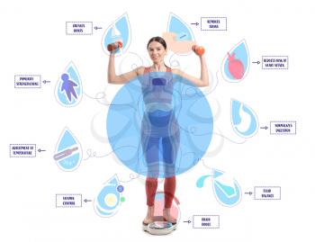 Sporty woman and health benefits of drinking water on white background�