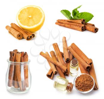 Set of cinnamon sticks on white background�