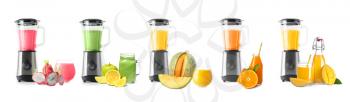 Blenders of healthy smoothies with ingredients on white background�