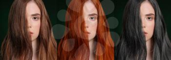 Collage of beautiful young woman with different colors of hair on dark background�