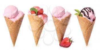 Tasty strawberry ice cream on white background�