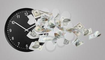 Crumbling clock with flying dollar banknotes on grey background�