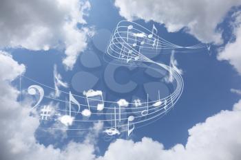 View of beautiful sky with clouds and flying music notes�