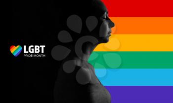 Silhouette of young woman and rainbow on black background with text LGBT PRIDE MONTH�