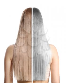 Comparison of woman with young and grey hair on white background, back view�