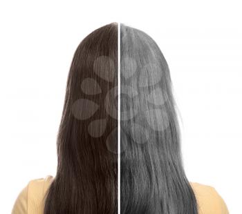 Comparison of woman with young and grey hair on white background, back view�
