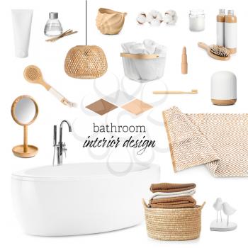 Collage with different elements of modern bathroom interior on white background�