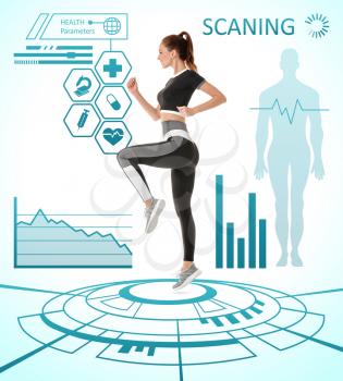 Sporty young woman undergoing whole body scanning against white background�