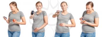 Collage of pregnant diabetic woman on white background�