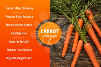 Carrots with health benefits on wooden background�
