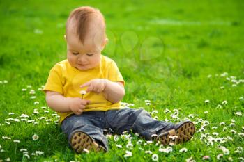 Royalty Free Photo of a Little Boy Playing With Flowers