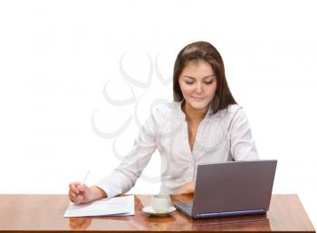 Royalty Free Photo of a Girl With a Coffee at a Laptop