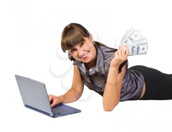 Royalty Free Photo of a Woman on the Floor With a Computer and Money