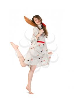 Royalty Free Photo of a Woman Dancing With a Balalaika