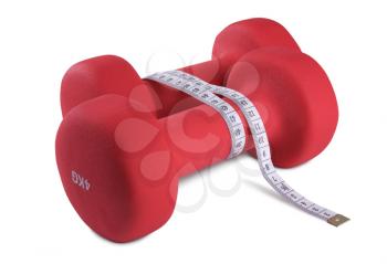 Two red plastic coated dumbells isolated on white background