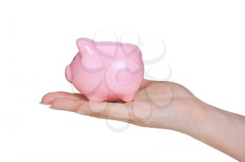 piggy bank and woman hand  isolated on white background