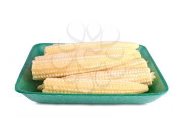 gourmet pack of baby corn cobs isolated on white