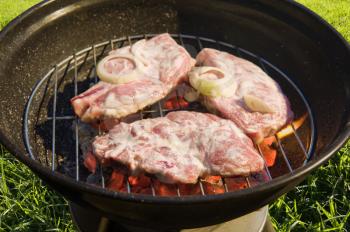 kettle barbecue grill with raw meat on grass background 