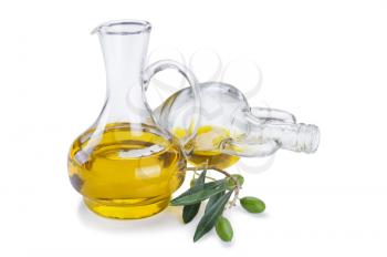 
Bottle of olive oil and fresh olive branch with olives isolated on white background 