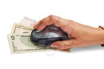 Hand with computer mouse on banknotes