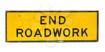 old end roadwork traffic sign on white background 