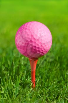 pink golf ball on a tee over green grass outdoors