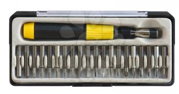 toolbox with screwdriver and replaceable bits isolated on white