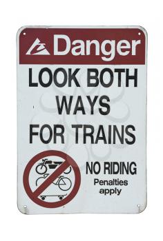 old danger traffic sign look both ways for trains on white background