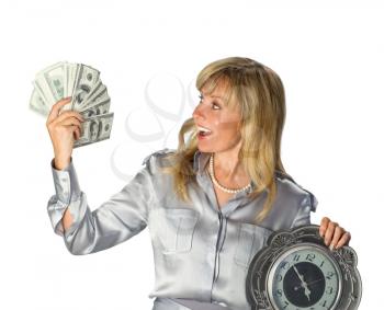 Businesswoman holding Money and clock  isolated on white background
