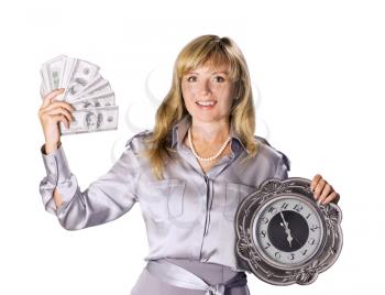 Businesswoman holding Money and clock isolated on white background
