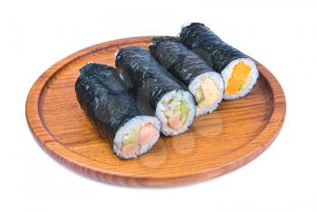 traditional japanese sushi on wooden plate isolated on a white background 