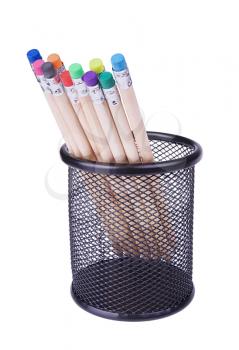 Several pencils with erasers different colours in a 
mesh cup isolated on white background
