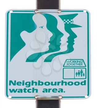 
old neighbourhood watch area road sign on white background