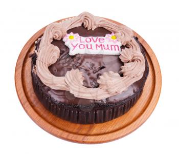 round chocolate cake for Mother's day on white background
