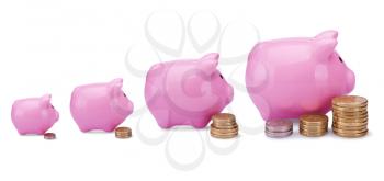 Different banks - different money.
Conceptual image with piggy  banks and  coins isolated on white